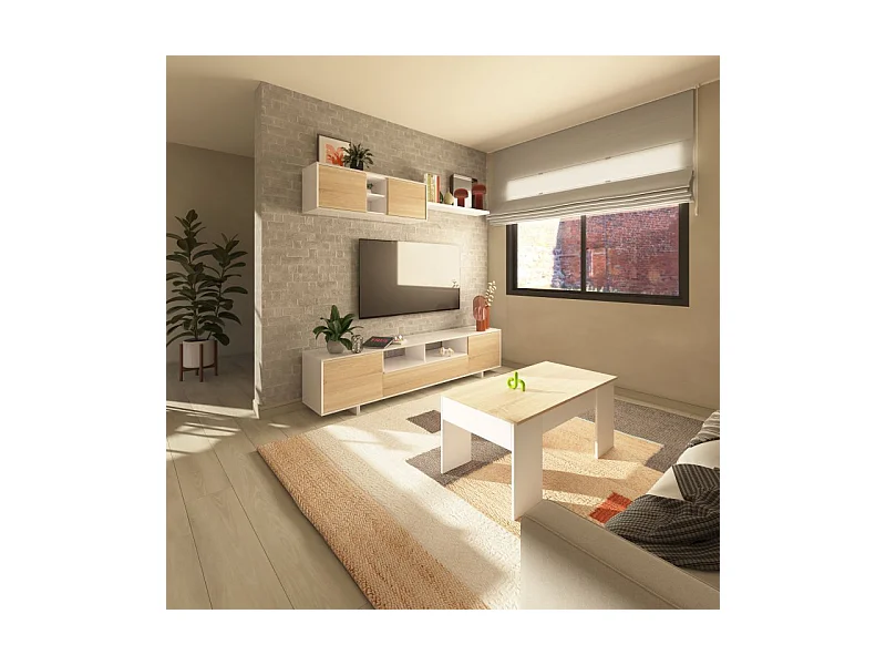 Pack salón con mesa de centro Kenzo Plus V2 Blanco Brillo - Roble Canadian