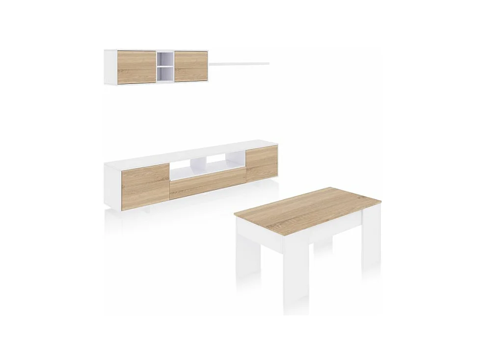 Pack salón con mesa de centro Kenzo Plus V2 Blanco Brillo - Roble Canadian