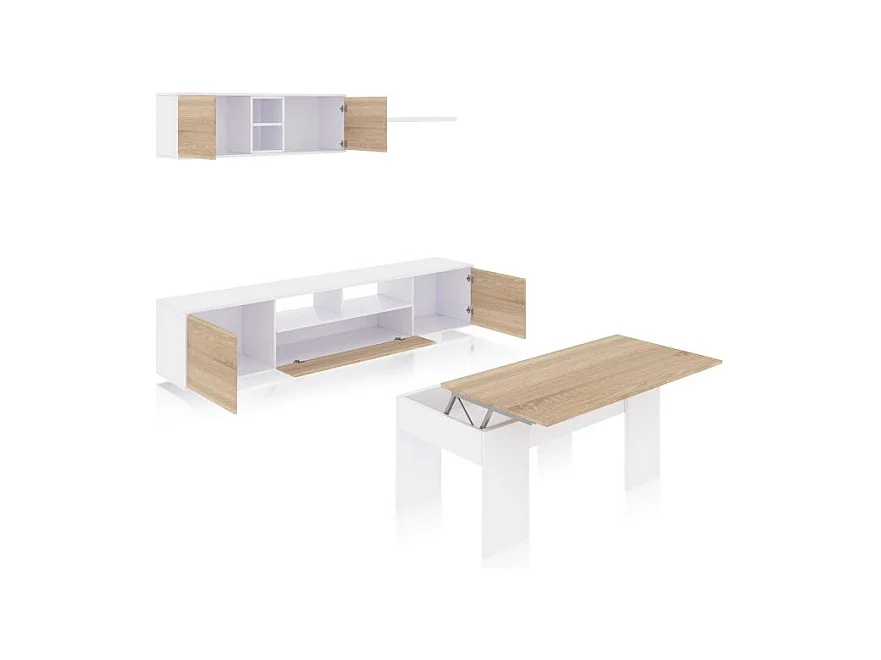 Pack salón con mesa de centro Kenzo Plus V2 Blanco Brillo - Roble Canadian