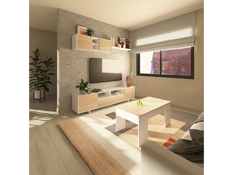 Pack salón con mesa de centro Kenzo Plus V2 Blanco Brillo - Roble Canadian