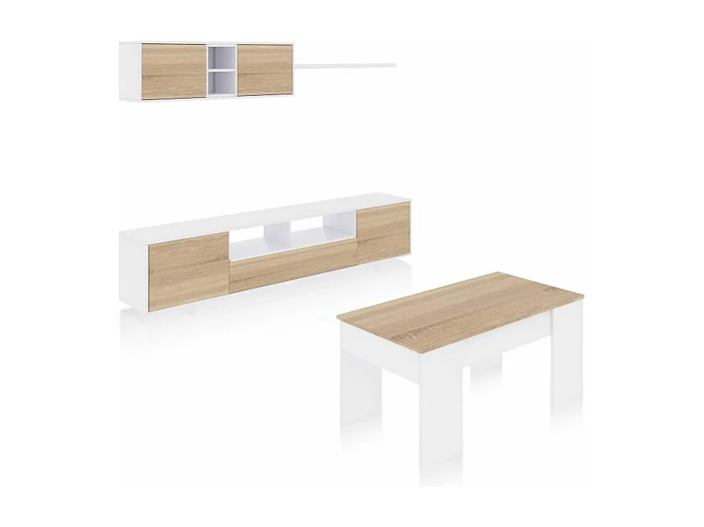 Pack salón con mesa de centro Kenzo Plus V2 Blanco Brillo - Roble Canadian