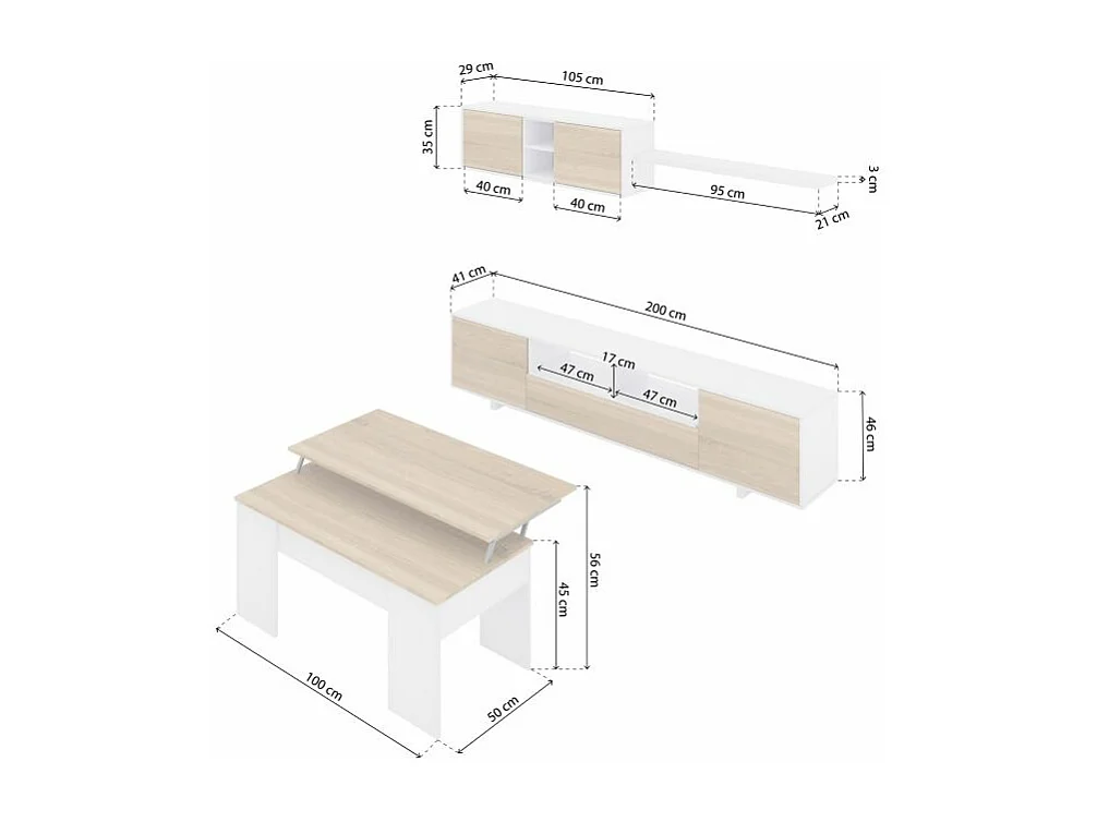 Pack salón con mesa de centro Kenzo Plus V2 Blanco Brillo - Roble Canadian