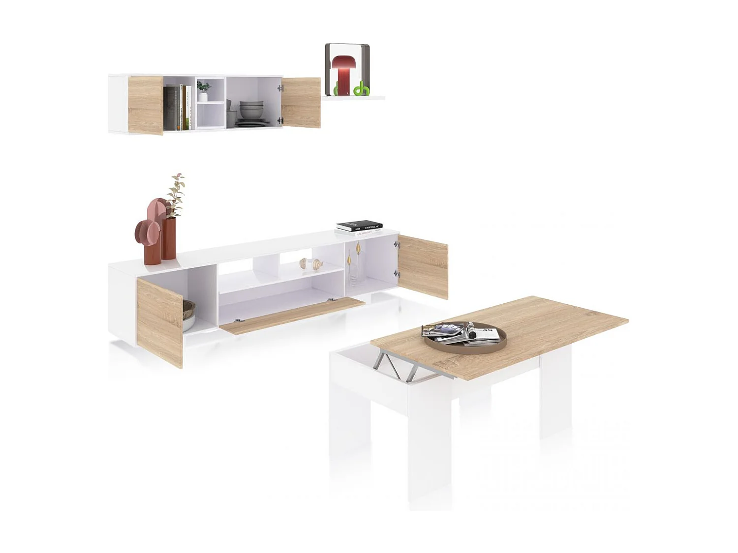 Pack salón con mesa de centro Kenzo Plus V2 Blanco Brillo - Roble Canadian