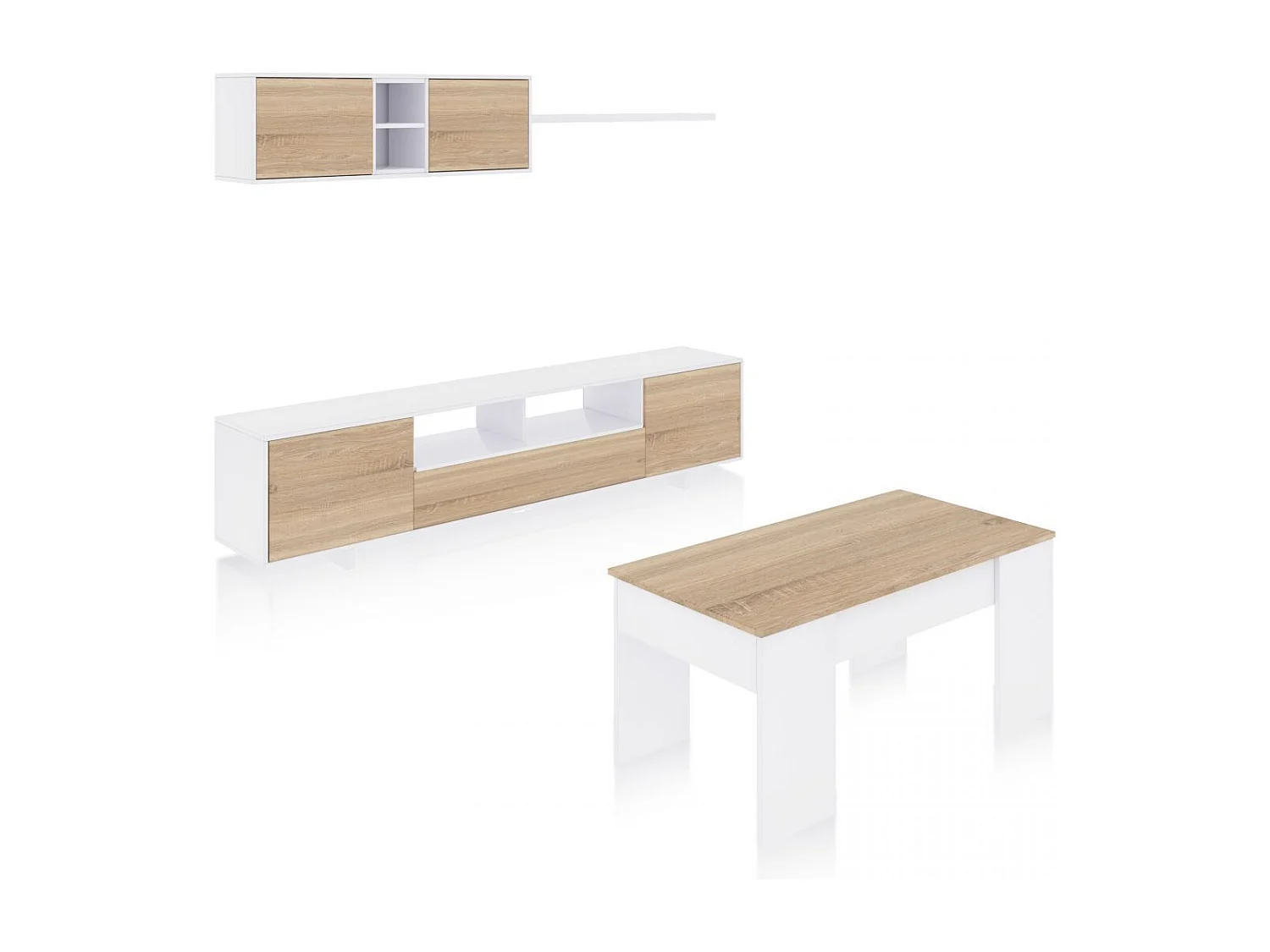 Pack salón con mesa de centro Kenzo Plus V2 Blanco Brillo - Roble Canadian