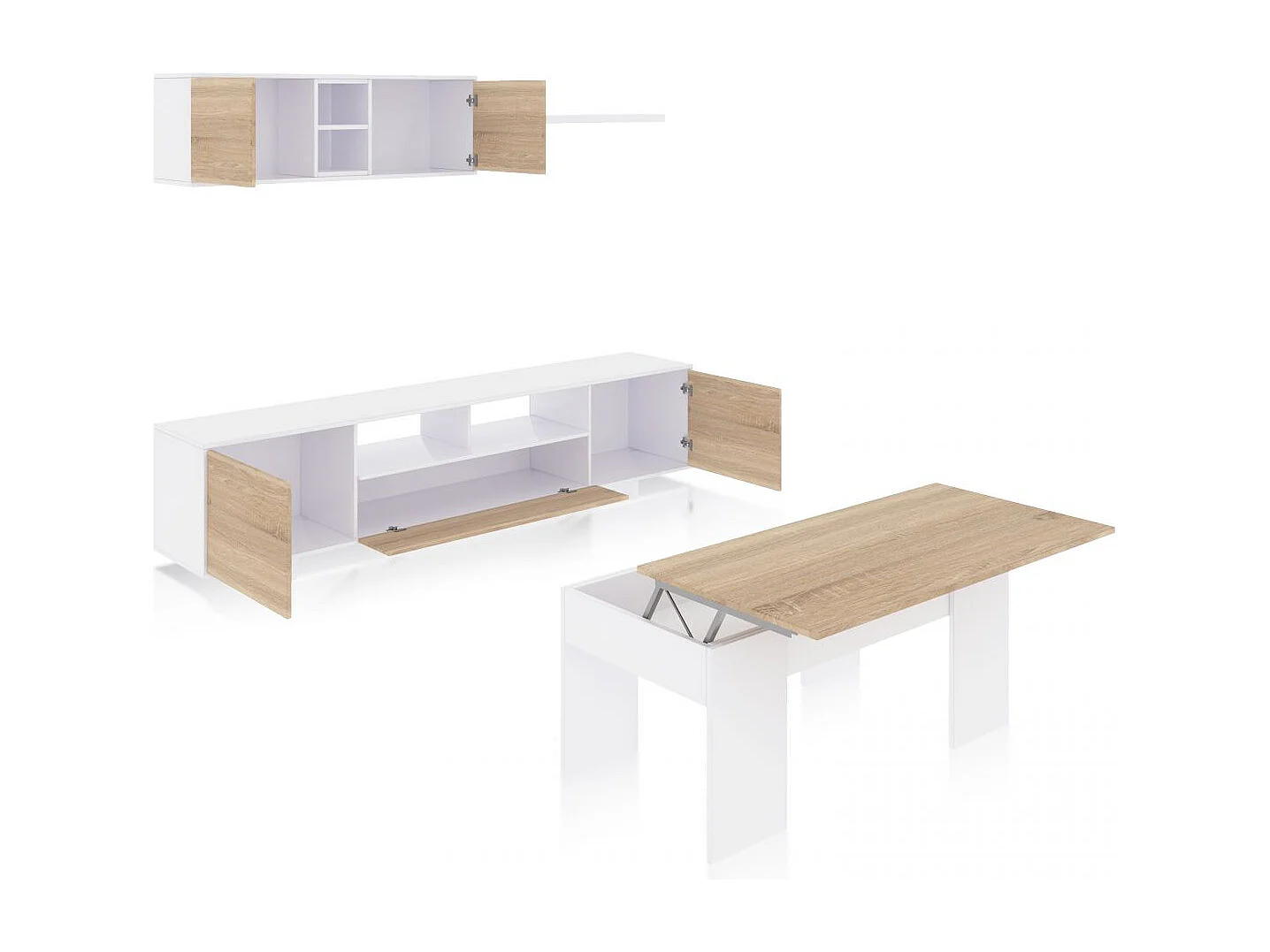 Pack salón con mesa de centro Kenzo Plus V2 Blanco Brillo - Roble Canadian