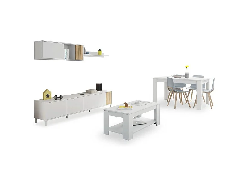 Pack salón con mesa de centro y mesa de comedor Nitza Max V1A Blanco Artik (Blanco Mate) - Natur