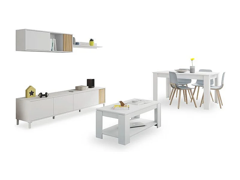 Pack salón con mesa de centro y mesa de comedor Nitza Max V1A Blanco Artik (Blanco Mate) - Natur