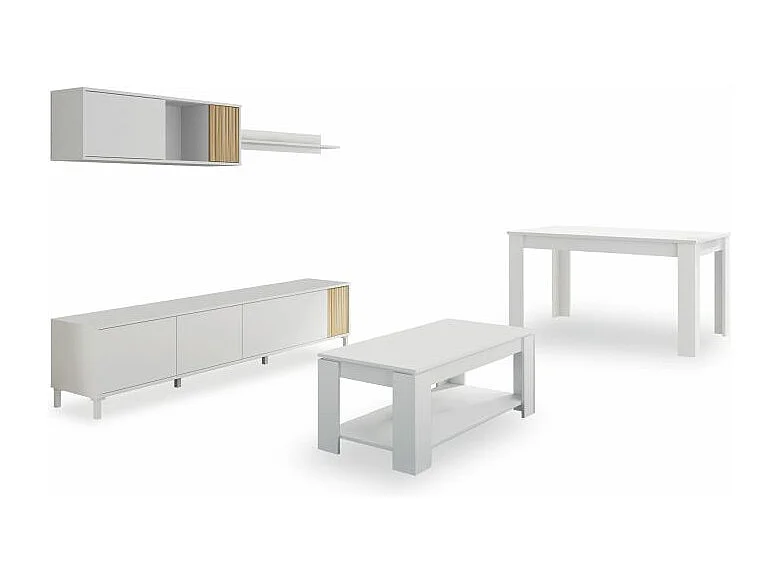 Pack salón con mesa de centro y mesa de comedor Nitza Max V1A Blanco Artik (Blanco Mate) - Natur