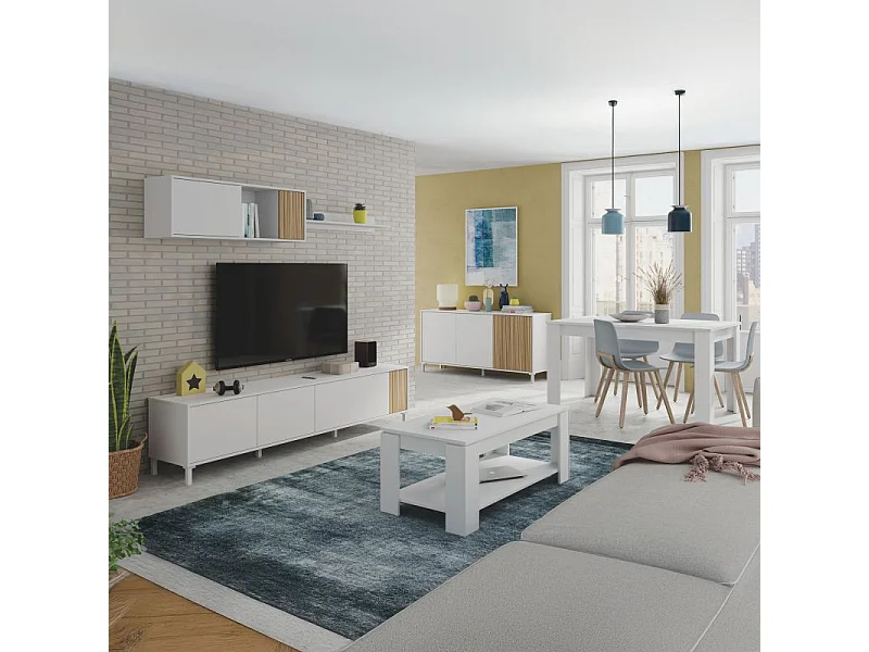 Pack salón con mesa de centro y mesa de comedor Nitza Max V1A Blanco Artik (Blanco Mate) - Natur