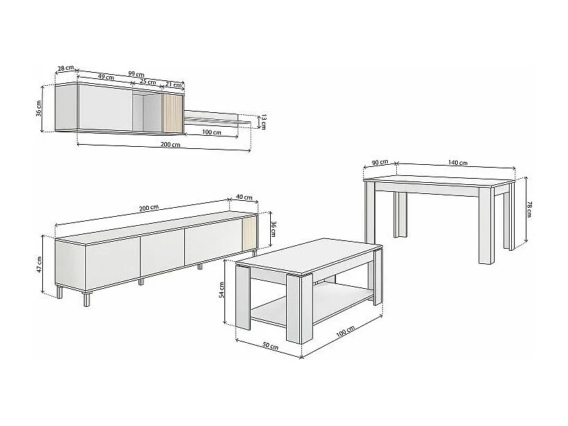 Pack salón con mesa de centro y mesa de comedor Nitza Max V1A Blanco Artik (Blanco Mate) - Natur