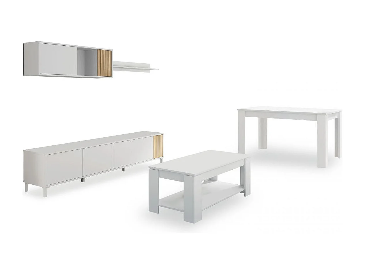 Pack salón con mesa de centro y mesa de comedor Nitza Max V1A Blanco Artik (Blanco Mate) - Natur