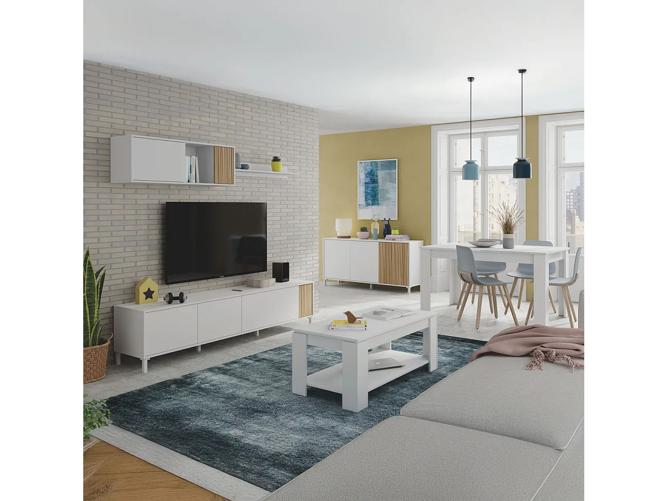 Pack salón con mesa de centro y mesa de comedor Nitza Max V1A Blanco Artik (Blanco Mate) - Natur