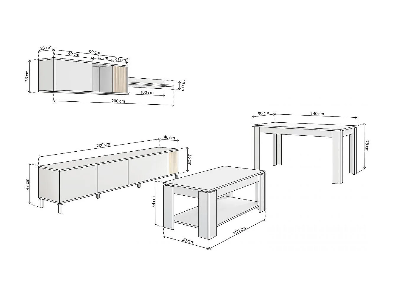Pack salón con mesa de centro y mesa de comedor Nitza Max V1A Blanco Artik (Blanco Mate) - Natur