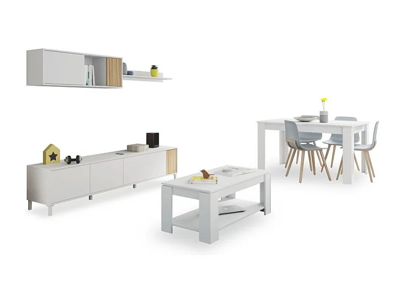 Pack salón con mesa de centro y mesa de comedor Nitza Max V1A Blanco Artik (Blanco Mate) - Natur