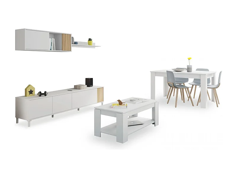 Pack salón con mesa de centro y mesa de comedor Nitza Max V1A Blanco Artik (Blanco Mate) - Natur