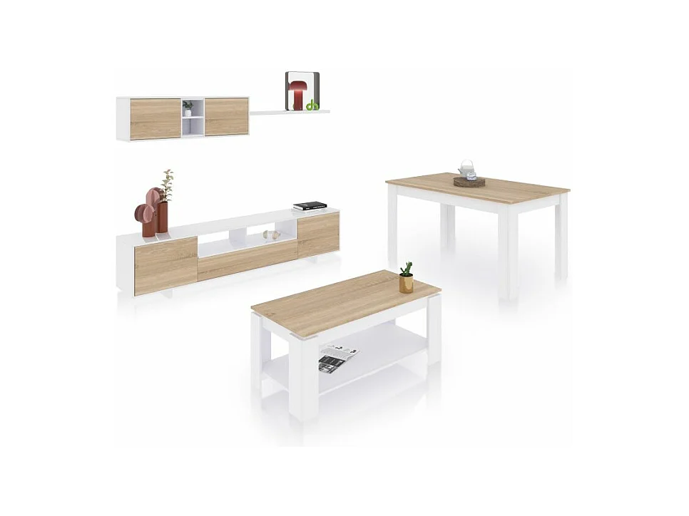 Pack salón con mesa de centro y mesa de comedor Kenzo Max V1A Blanco Artik (Blanco Mate) - Roble Canadian