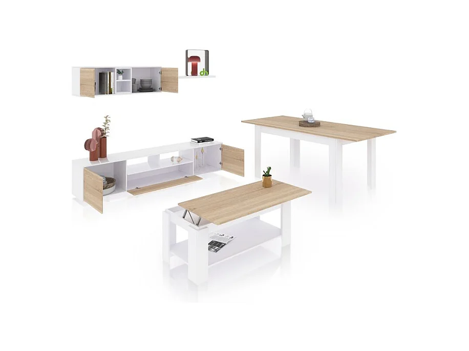 Pack salón con mesa de centro y mesa de comedor Kenzo Max V1A Blanco Artik (Blanco Mate) - Roble Canadian