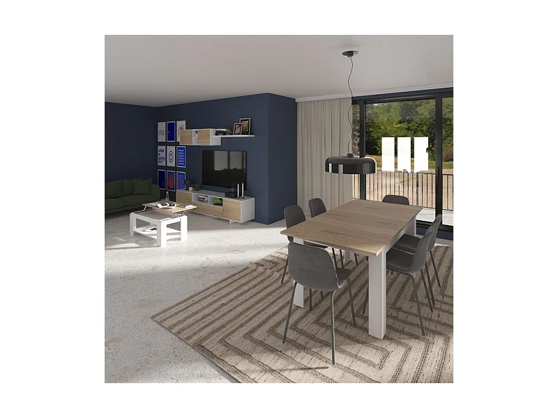 Pack salón con mesa de centro y mesa de comedor Kenzo Max V1A Blanco Artik (Blanco Mate) - Roble Canadian