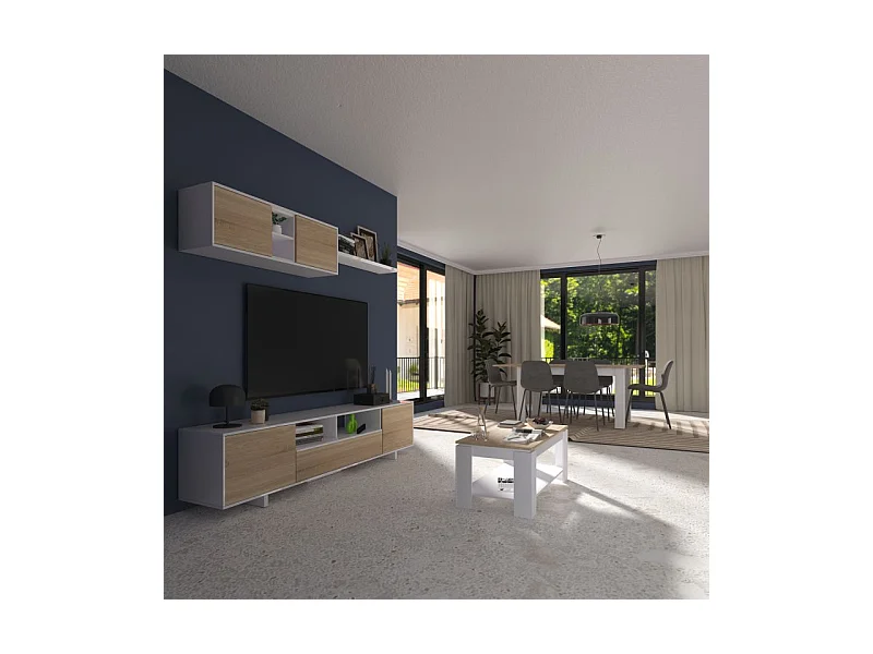 Pack salón con mesa de centro y mesa de comedor Kenzo Max V1A Blanco Artik (Blanco Mate) - Roble Canadian