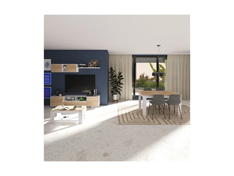 Pack salón con mesa de centro y mesa de comedor Kenzo Max V1A Blanco Artik (Blanco Mate) - Roble Canadian