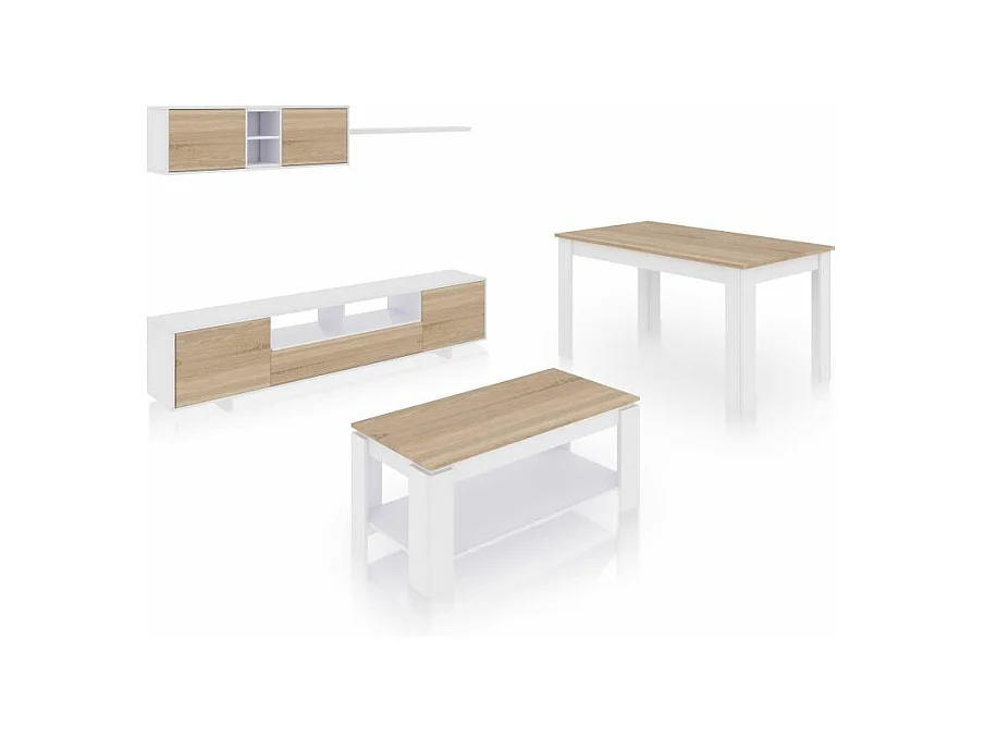 Pack salón con mesa de centro y mesa de comedor Kenzo Max V1A Blanco Artik (Blanco Mate) - Roble Canadian