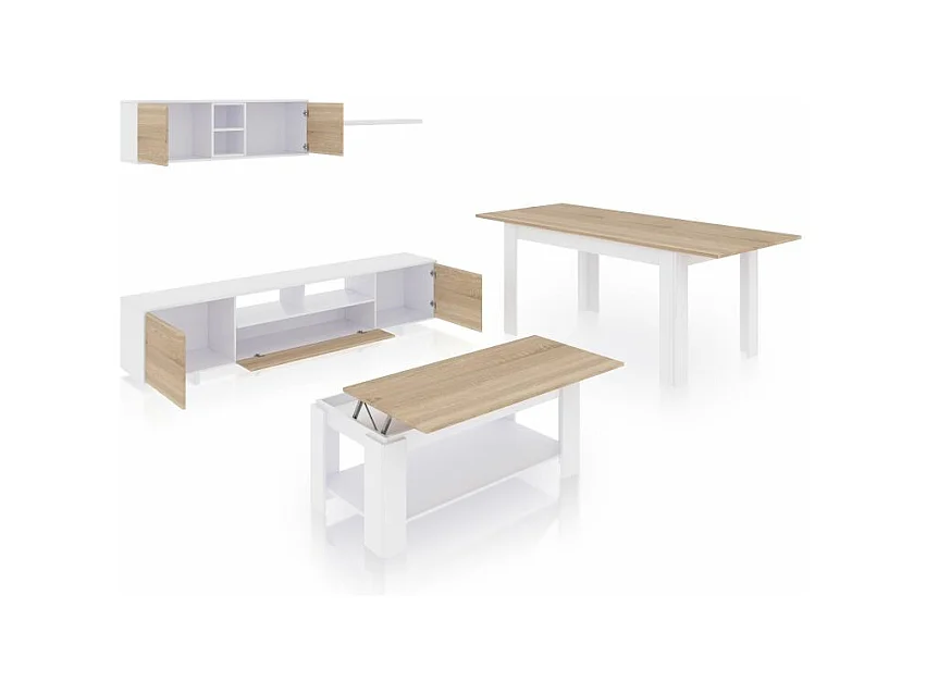 Pack salón con mesa de centro y mesa de comedor Kenzo Max V1A Blanco Artik (Blanco Mate) - Roble Canadian