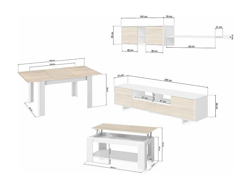 Pack salón con mesa de centro y mesa de comedor Kenzo Max V1A Blanco Artik (Blanco Mate) - Roble Canadian