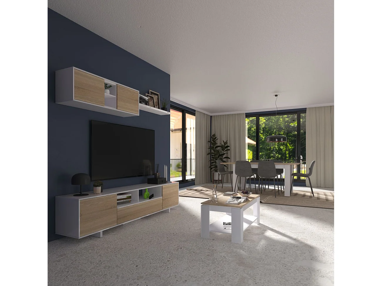 Pack salón con mesa de centro y mesa de comedor Kenzo Max V1A Blanco Artik (Blanco Mate) - Roble Canadian