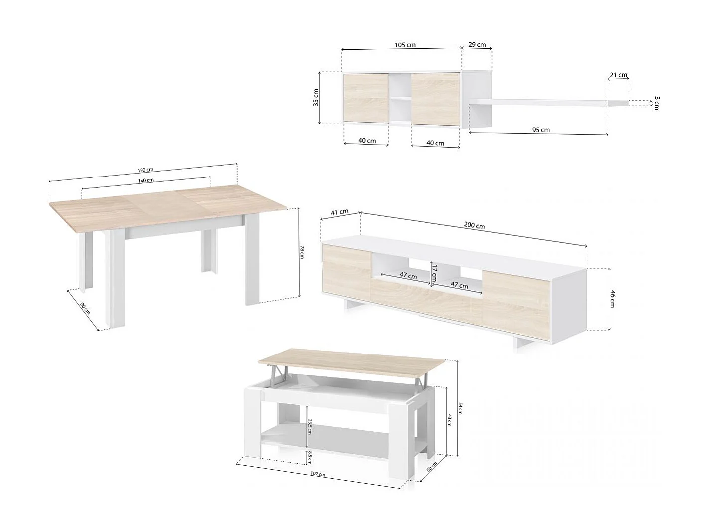 Pack salón con mesa de centro y mesa de comedor Kenzo Max V1A Blanco Artik (Blanco Mate) - Roble Canadian