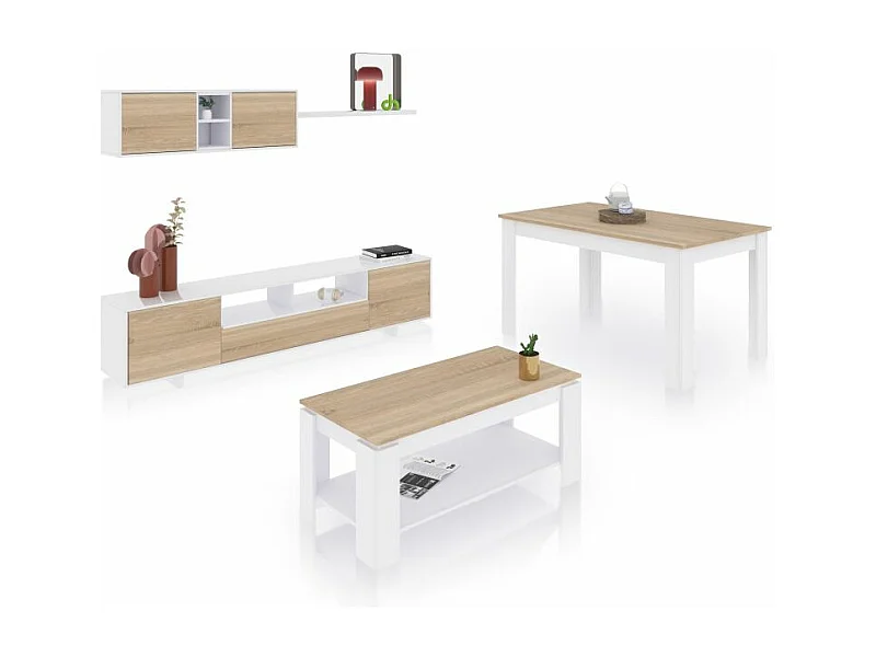 Pack salón con mesa de centro y mesa de comedor Kenzo Max V1A Blanco Artik (Blanco Mate) - Roble Canadian