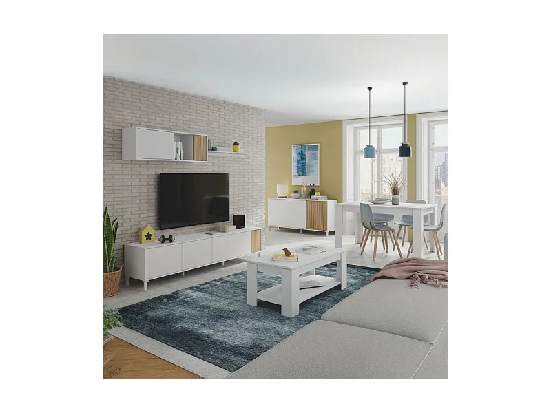 Pack salón con mesa de centro Nitza Plus V1 Blanco Artik (Blanco Mate) - Natur