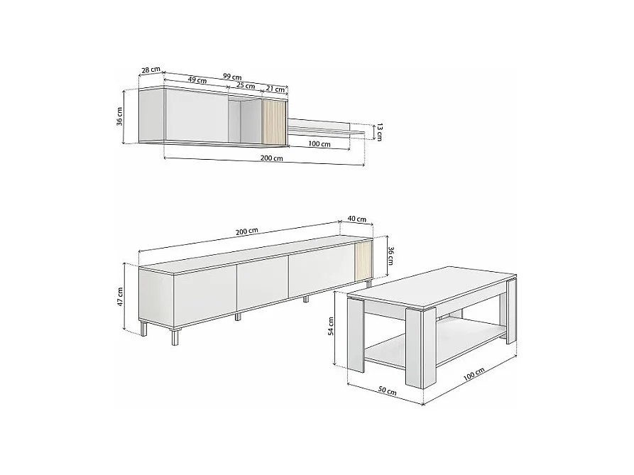 Pack salón con mesa de centro Nitza Plus V1 Blanco Artik (Blanco Mate) - Natur