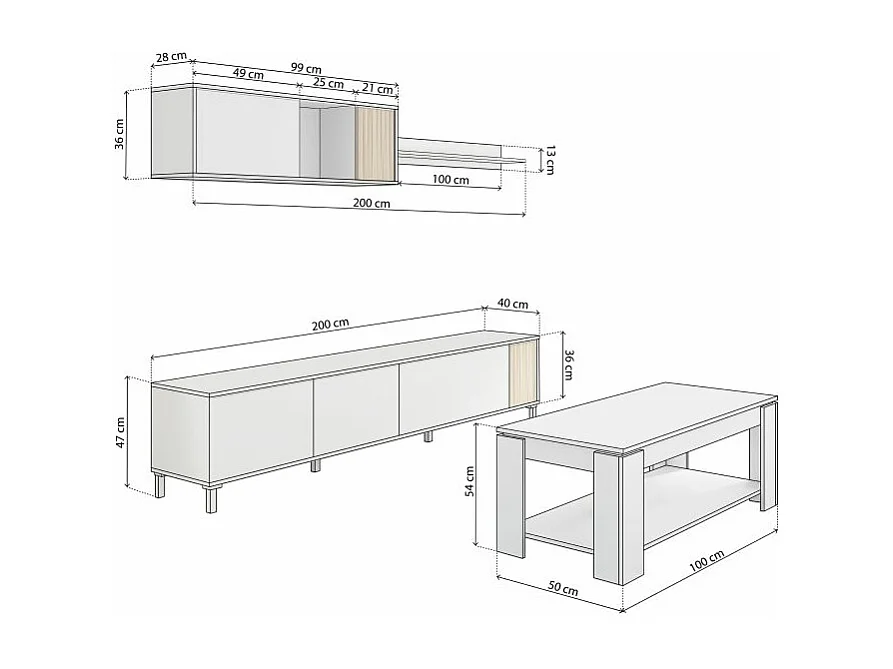 Pack salón con mesa de centro Nitza Plus V1 Blanco Artik (Blanco Mate) - Natur