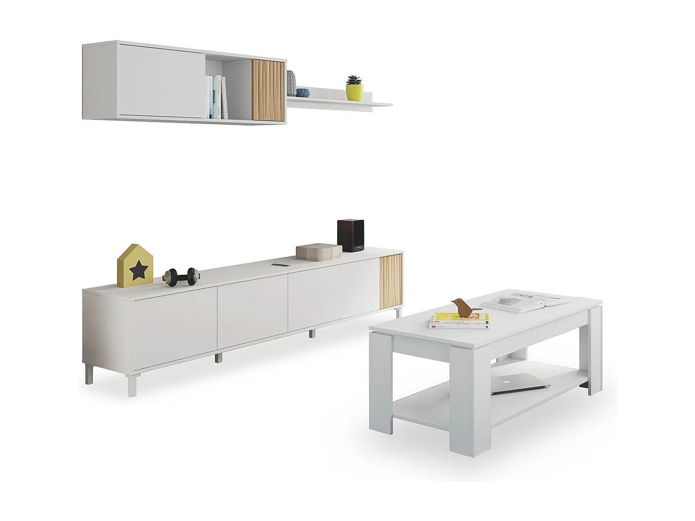 Pack salón con mesa de centro Nitza Plus V1 Blanco Artik (Blanco Mate) - Natur