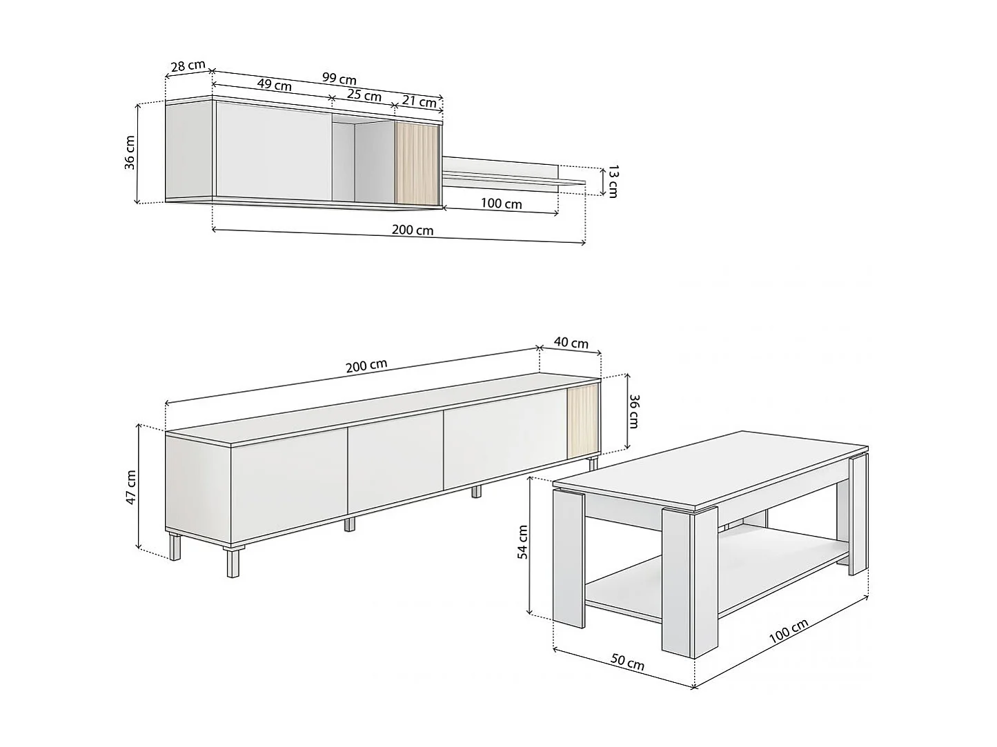 Pack salón con mesa de centro Nitza Plus V1 Blanco Artik (Blanco Mate) - Natur