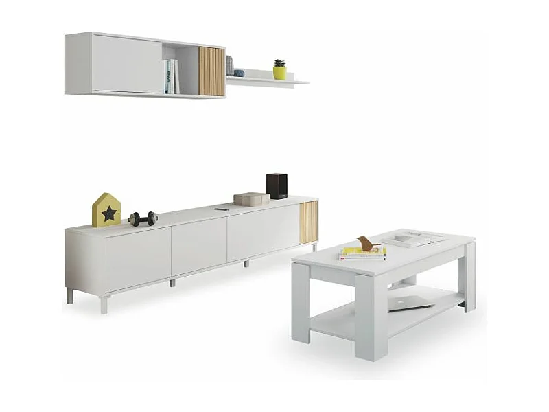 Pack salón con mesa de centro Nitza Plus V1 Blanco Artik (Blanco Mate) - Natur