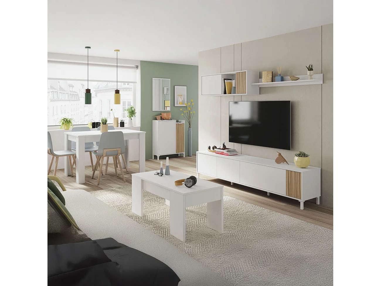 Pack salón con mesa de centro Nitza Plus V2 Blanco Artik (Blanco Mate) - Natur