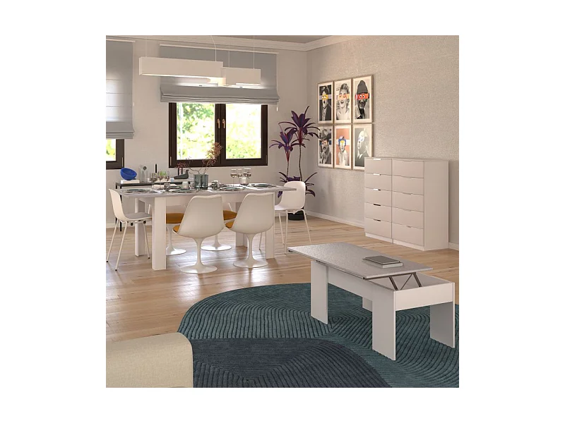 Pack mesa de comedor 140 y mesa de centro Vita Blanco Artik (Blanco Mate) - Gris Cemento