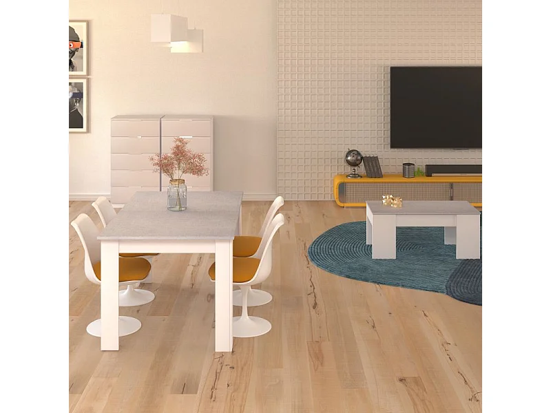 Pack mesa de comedor 140 y mesa de centro Vita Blanco Artik (Blanco Mate) - Gris Cemento