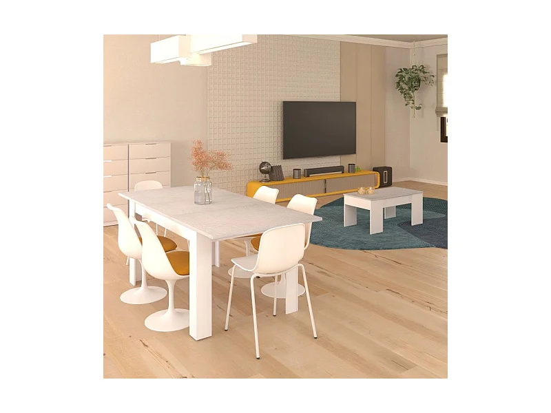 Pack mesa de comedor 140 y mesa de centro Vita Blanco Artik (Blanco Mate) - Gris Cemento