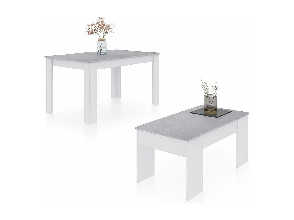 Pack mesa de comedor 140 y mesa de centro Vita Blanco Artik (Blanco Mate) - Gris Cemento