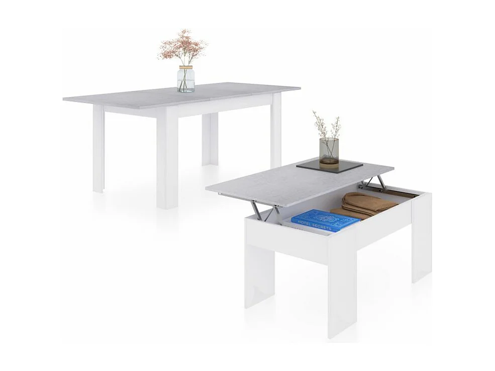 Pack mesa de comedor 140 y mesa de centro Vita Blanco Artik (Blanco Mate) - Gris Cemento