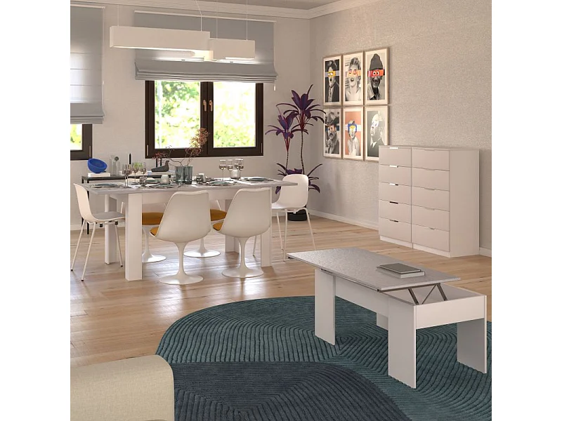 Pack mesa de comedor 140 y mesa de centro Vita Blanco Artik (Blanco Mate) - Gris Cemento