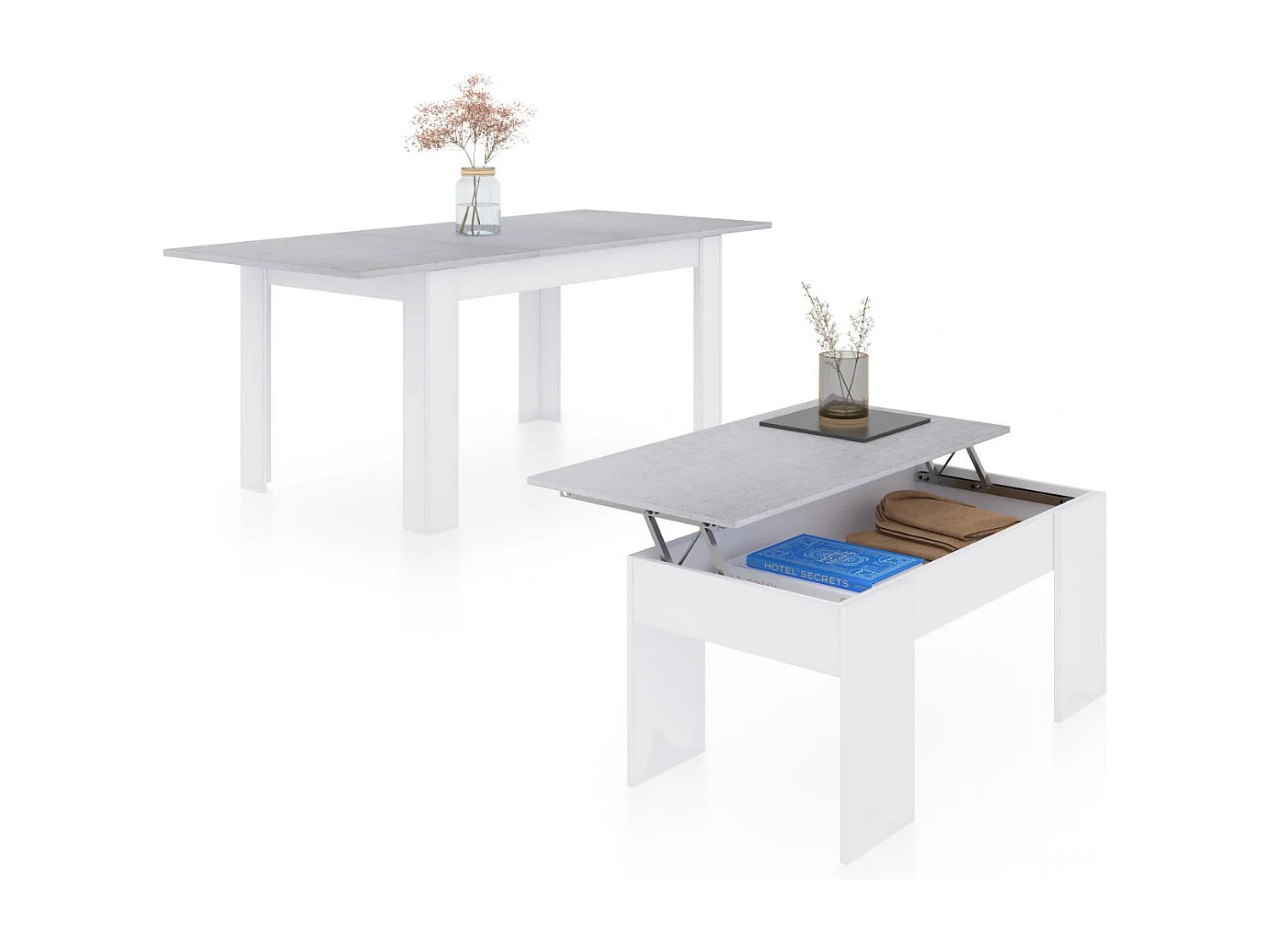Pack mesa de comedor 140 y mesa de centro Vita Blanco Artik (Blanco Mate) - Gris Cemento