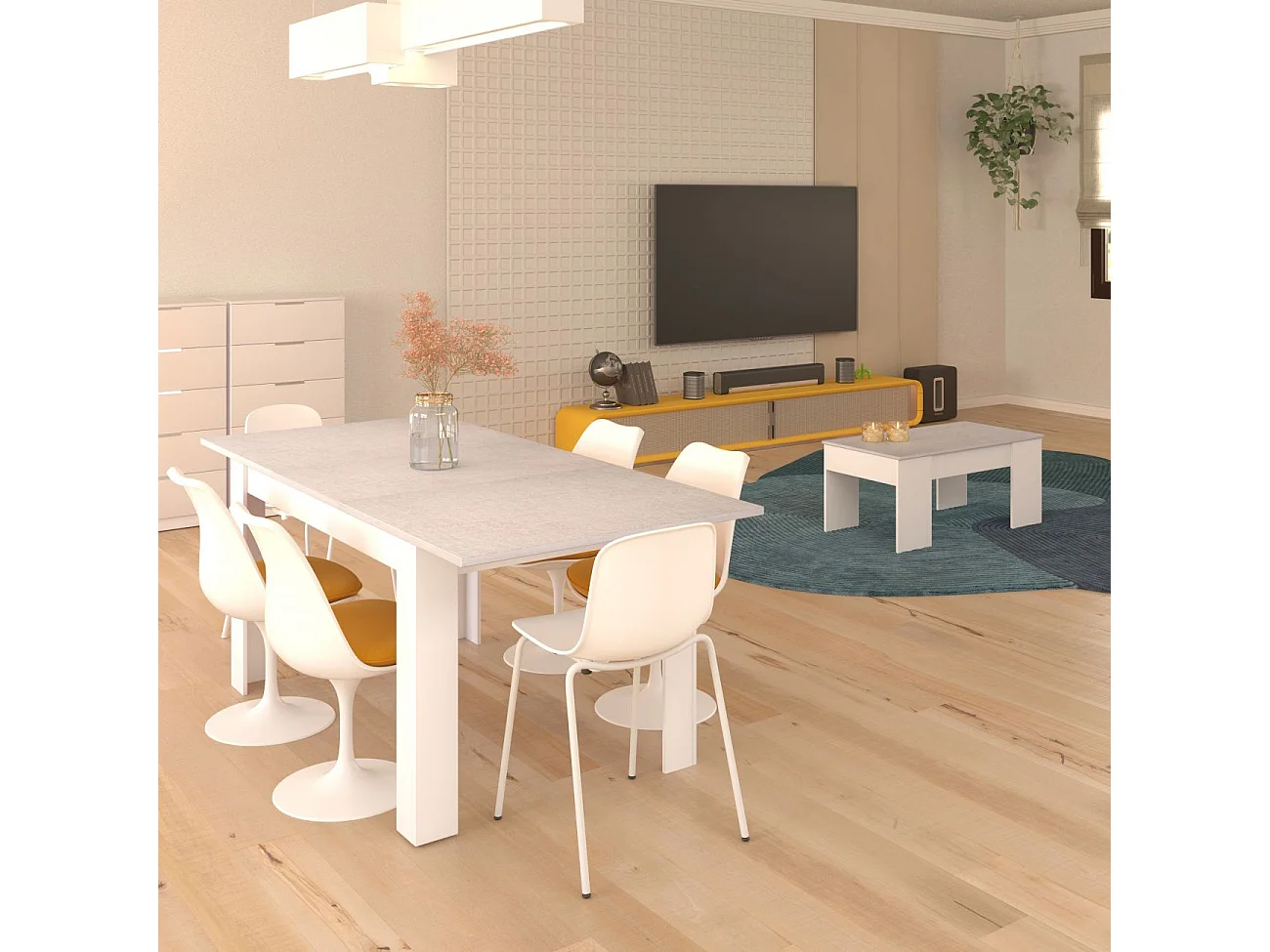 Pack mesa de comedor 140 y mesa de centro Vita Blanco Artik (Blanco Mate) - Gris Cemento