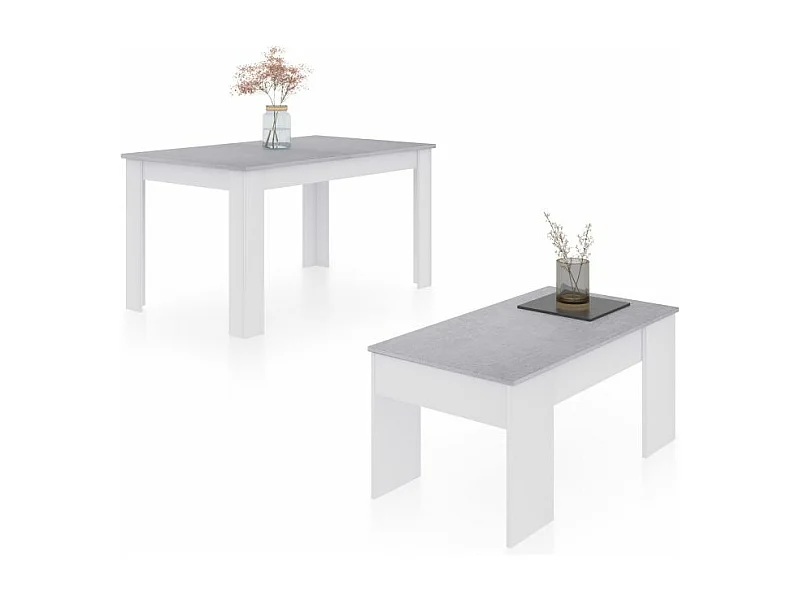 Pack mesa de comedor 140 y mesa de centro Vita Blanco Artik (Blanco Mate) - Gris Cemento