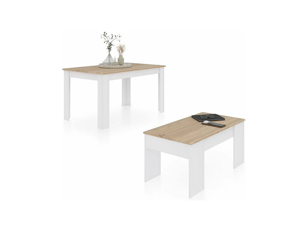 Pack mesa de comedor 123 y mesa de centro Vita Blanco Artik (Blanco Mate) - Roble Canadian