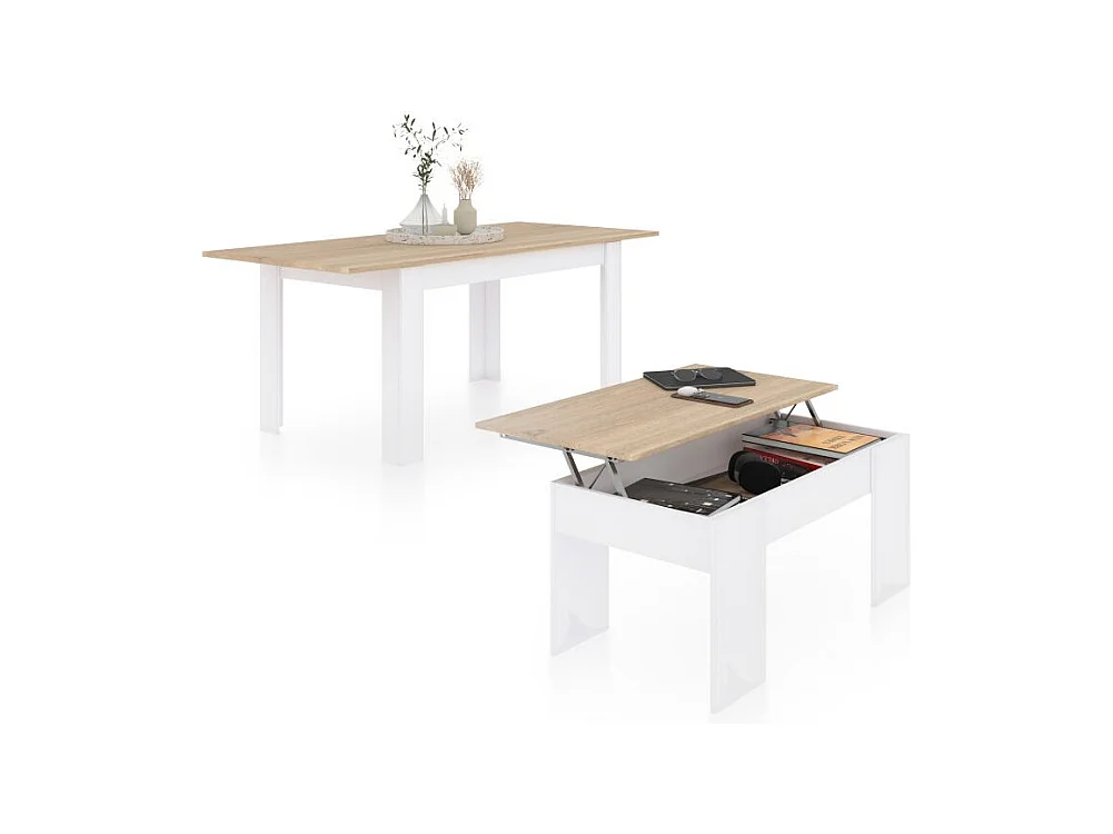 Pack mesa de comedor 123 y mesa de centro Vita Blanco Artik (Blanco Mate) - Roble Canadian