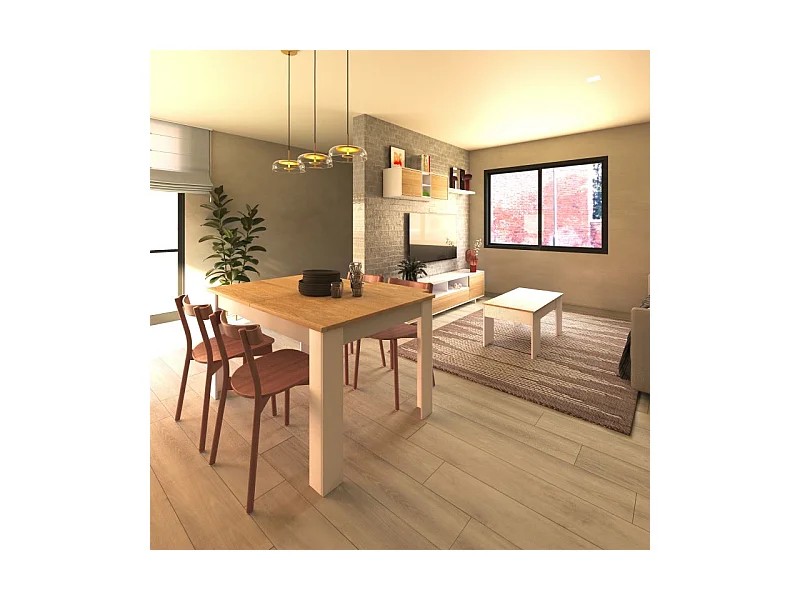 Pack mesa de comedor 123 y mesa de centro Vita Blanco Artik (Blanco Mate) - Roble Canadian