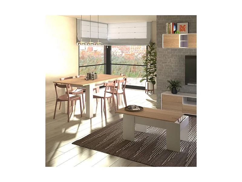 Pack mesa de comedor 123 y mesa de centro Vita Blanco Artik (Blanco Mate) - Roble Canadian